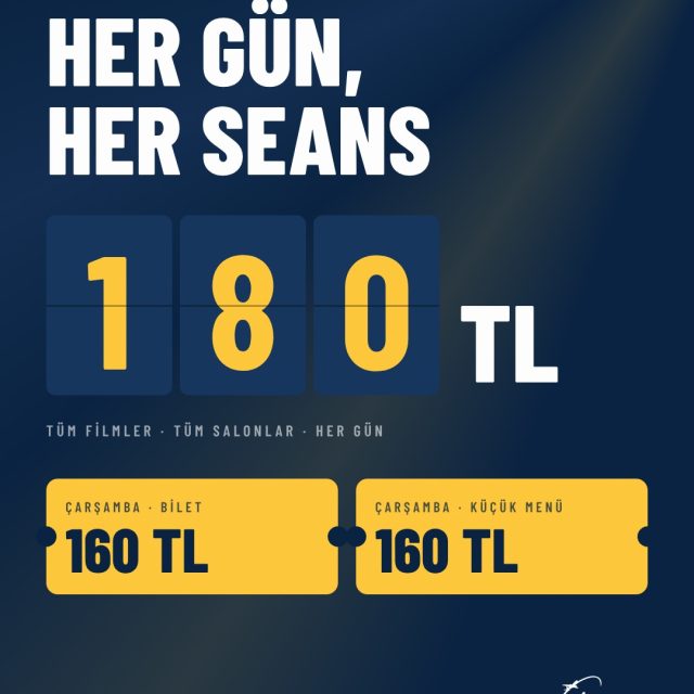Bu hafta vizyonda! 🎞️

Yeni konseptimizle her gün, tüm seanslar yalnızca 180 TL! Her çarşamba ise bilet ve küçük menü ya